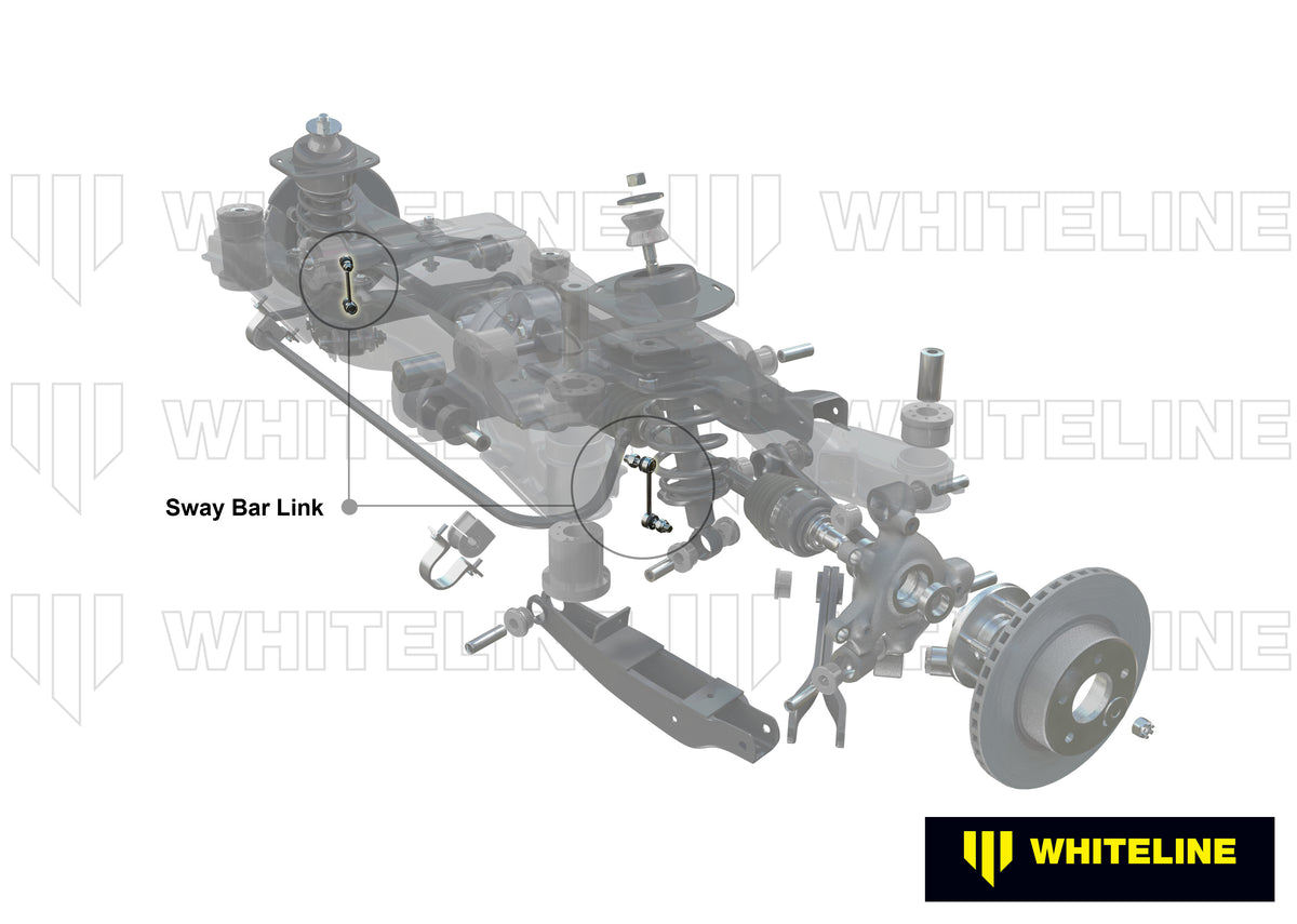Nineteen72 Performance Whiteline rear axle anti-roll bar link assembly for BMW F87 M2 and M2 Competition, showing the drop link components.