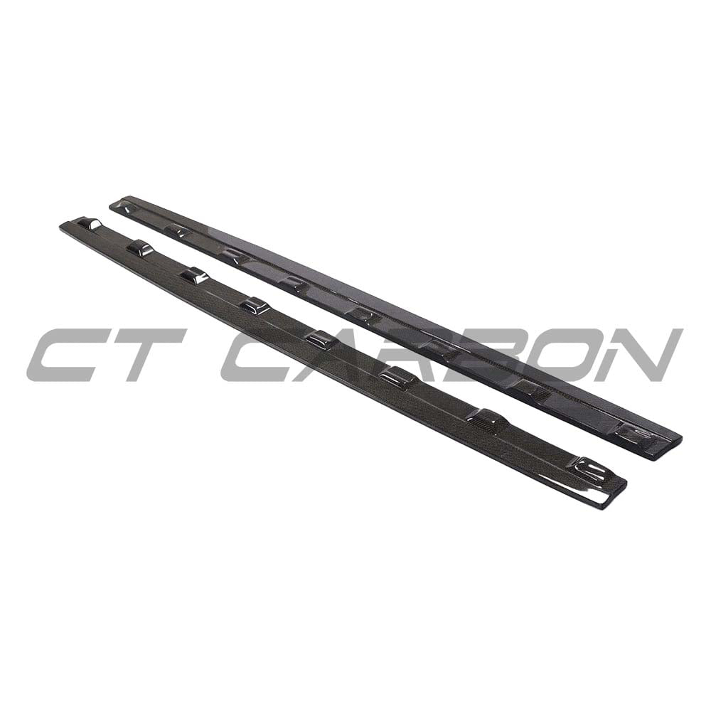 Audi A3 8V facelift carbon fibre side skirts by CT Carbon, showing sleek, textured side skirts installed on the car.