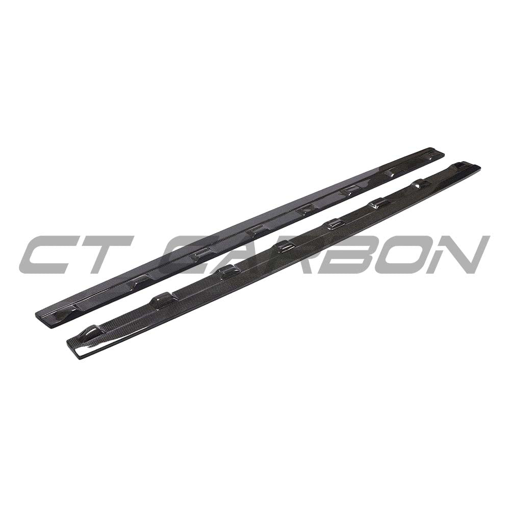 Carbon fibre side skirts for Audi A3 8V facelift by CT Carbon, showcasing sleek, aerodynamic design for enhanced vehicle style.