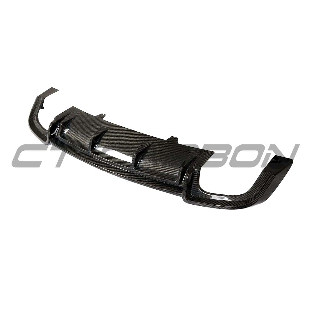 Carbon fiber diffuser for Audi A5 S5 B9 (2017-2021) by CT Carbon, shown installed on the rear bumper with sporty design.