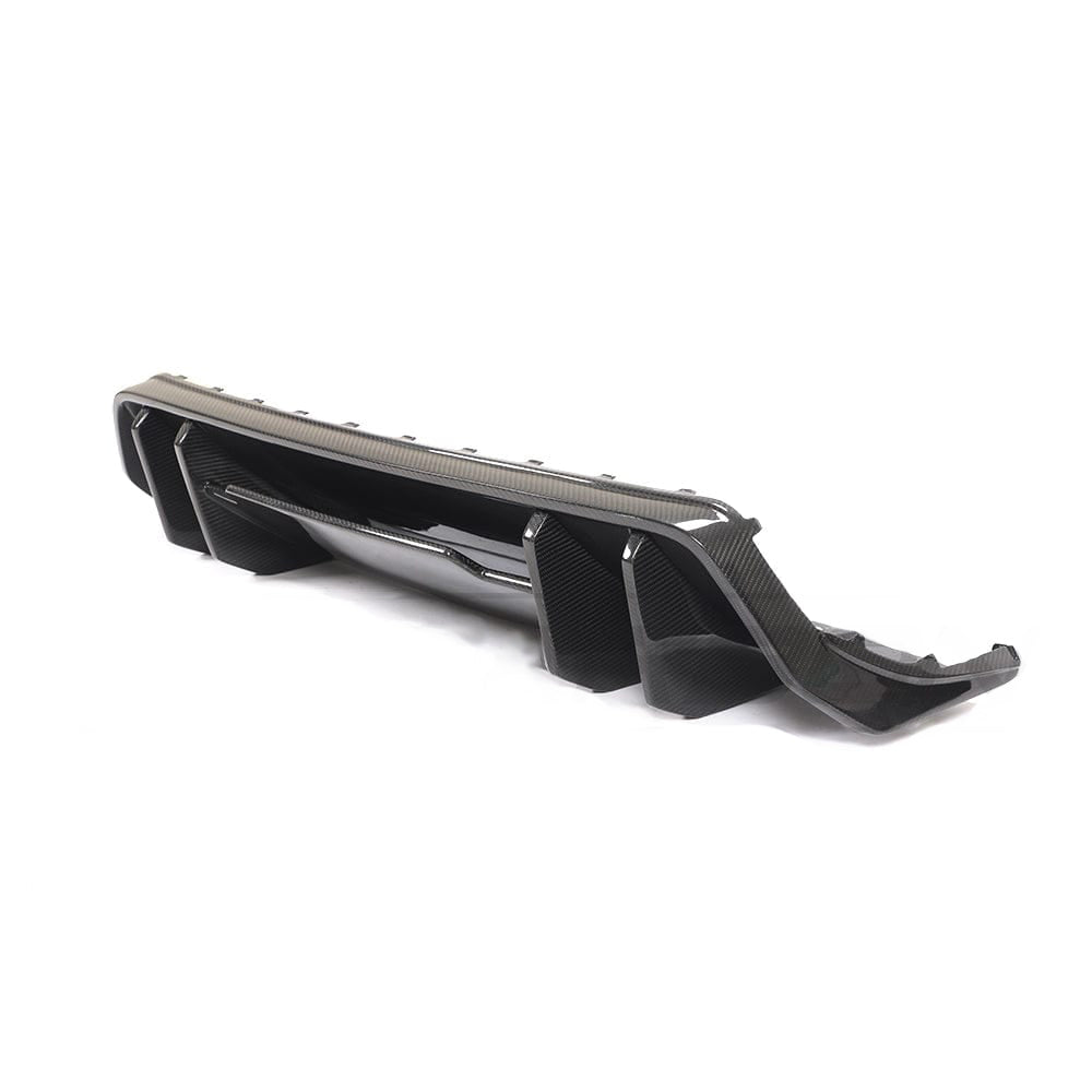 Carbon fiber diffuser for Audi R8 V10 Gen 2 by CT Carbon, V Style, showcasing sleek, aerodynamic design and detailed craftsmanship.