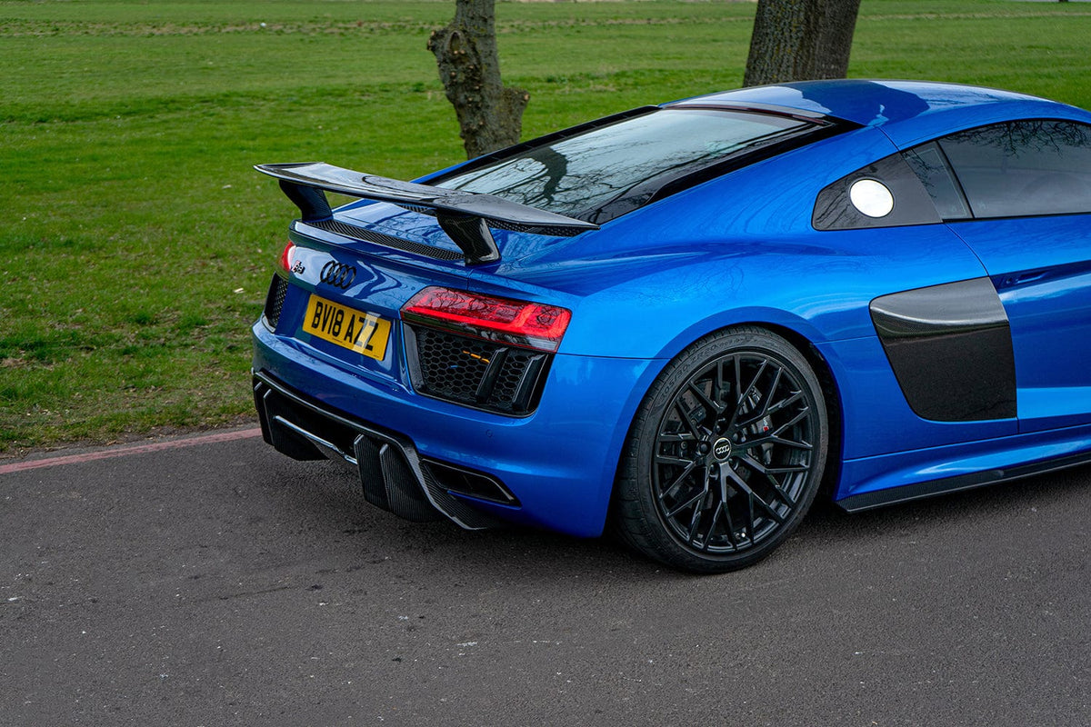 CT Carbon Audi R8 V10 Gen 2 carbon fibre V-style diffuser showcasing sleek aerodynamic design and textured finish.