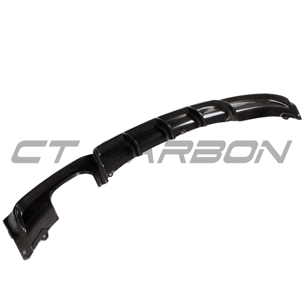 BMW F30 3 Series 2011-2019 carbon fibre diffuser kit by CT Carbon with MP style twin exhaust cutouts, showing sleek black finish.