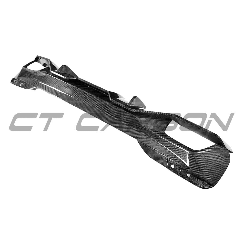 BMW G30 5 Series carbon fibre diffuser by CT Carbon, OEM-style M Sport diffuser for 2016-2024 models, shown installed and close-up.