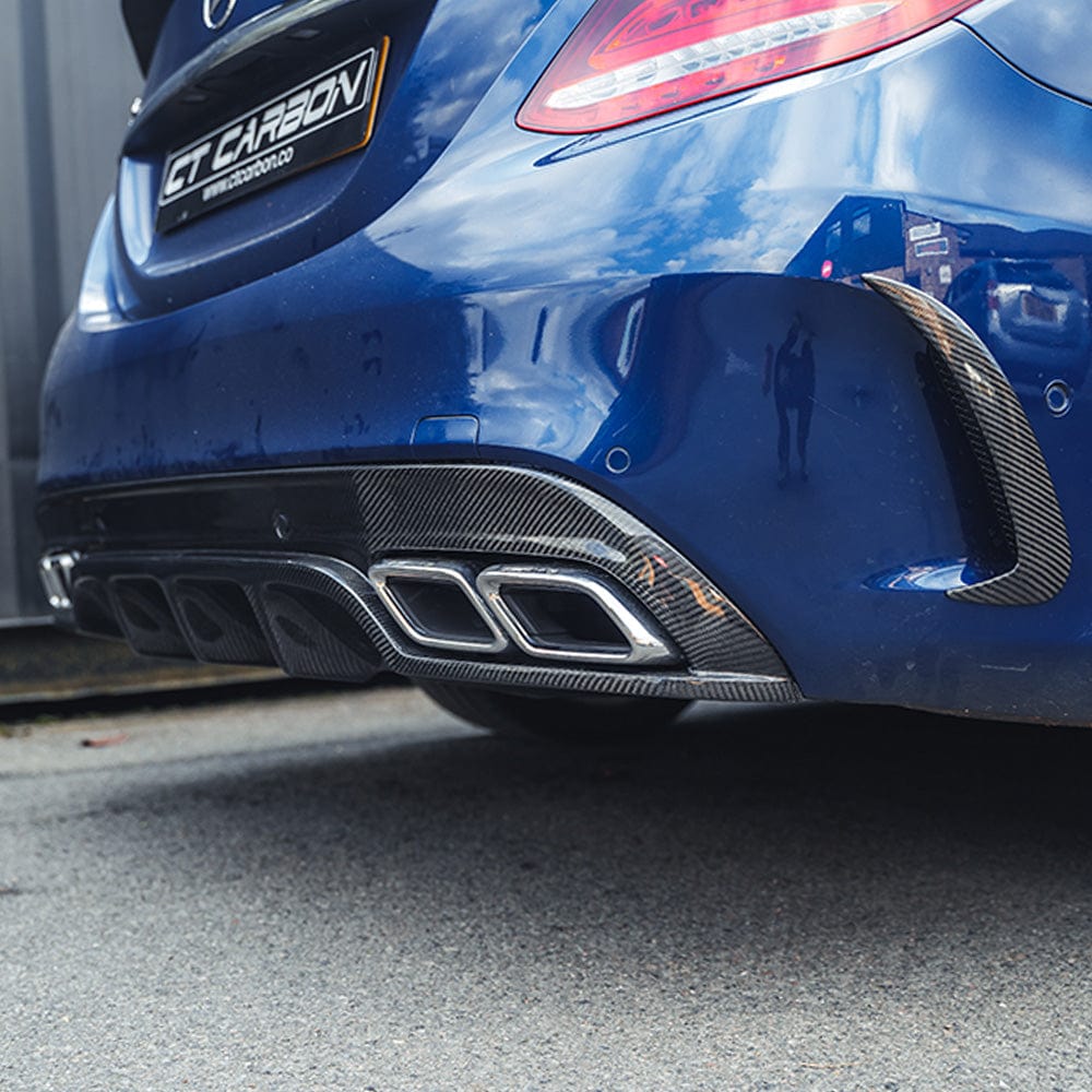 CT Carbon diffuser for Mercedes W205 C63 and C63S saloon, with carbon finish and integrated exhaust tips.