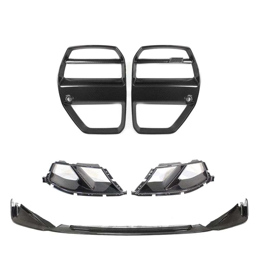 BMW M3 M4 G80 G82 G83 carbon fiber front end pack by CT Carbon, featuring V6 design with ACC, showcasing the sleek, lightweight front kit.
