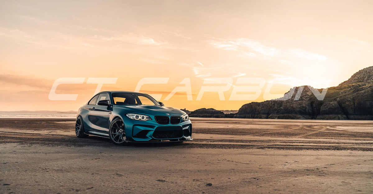 BMW F87 M2 CT Carbon full carbon fiber kit, showcasing lightweight, aerodynamic body parts on a sleek car.