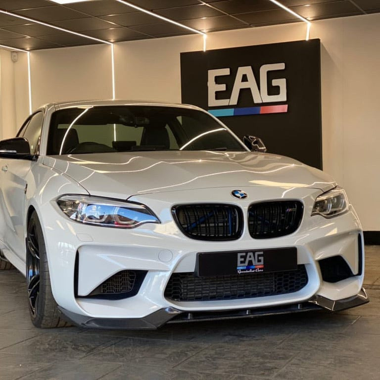 BMW F87 M2 CT Carbon full car carbon fiber kit, V3 style, showcasing lightweight forged carbon fiber components on the vehicle.