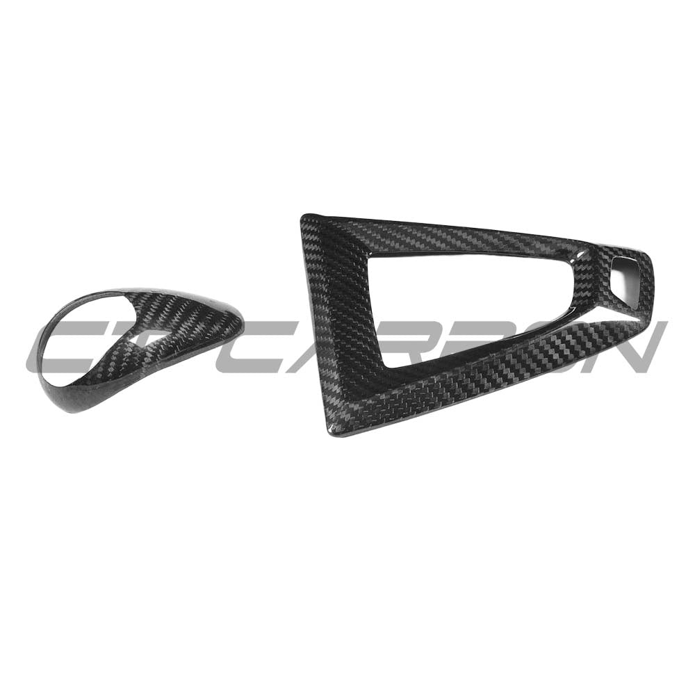 BMW Fxx M car DCT shifter and surround set in carbon fiber by CT Carbon, RHD interior accessory with sleek finish.