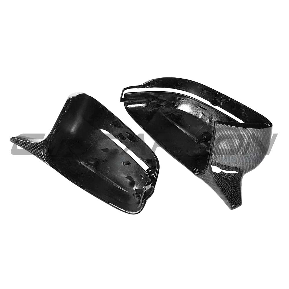 BMW 3, 4, 5 Series G20/G21/G22/G26, G30/G31 carbon fibre mirror replacements by CT Carbon, LHD only, close-up of sleek mirrors.