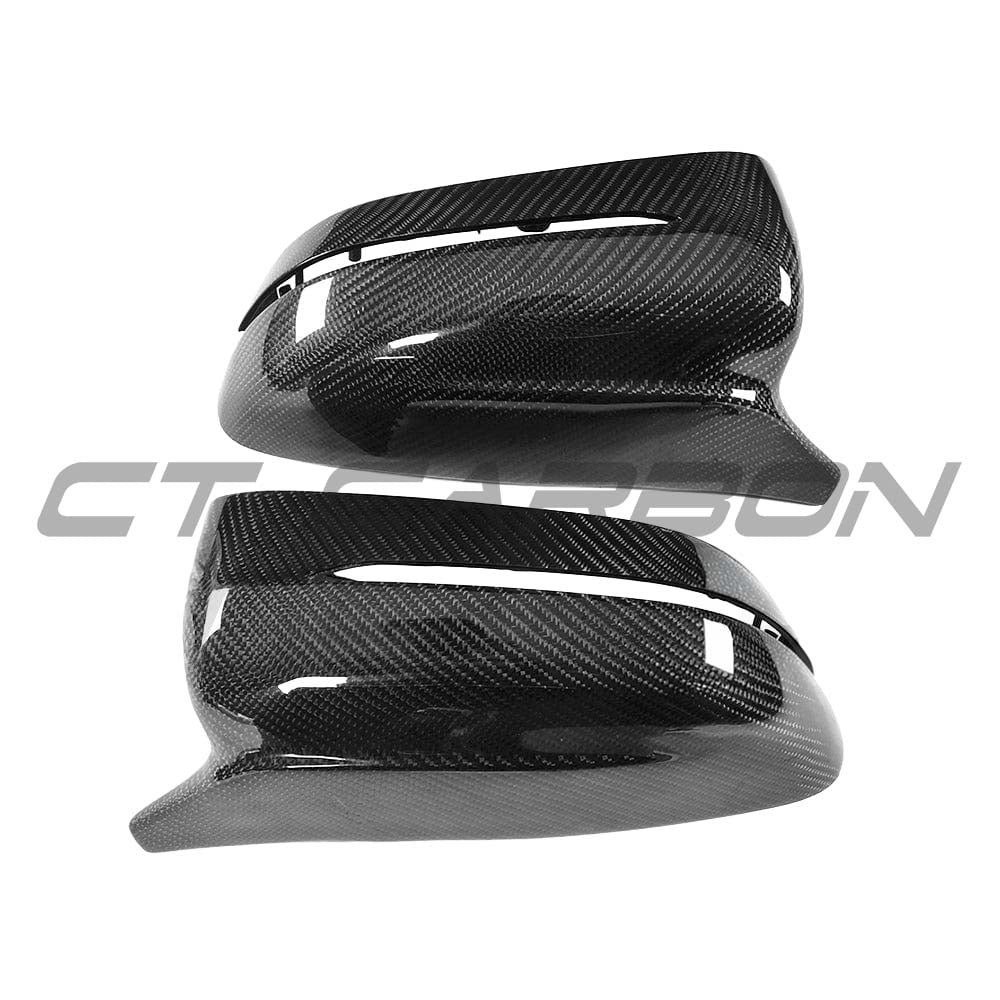 BMW 3, 4, 5 Series G20 G21 G22 G26 G30 G31 carbon fibre mirrors by CT Carbon, LHD only, shown from the side with sleek finish.