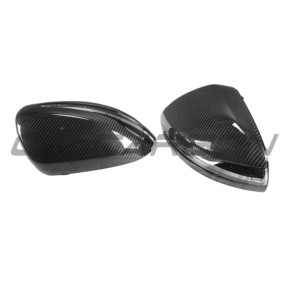 Mercedes W205/W213 carbon fibre mirror replacements by CT Carbon, LHD only, showcasing sleek, lightweight side mirror accessories.