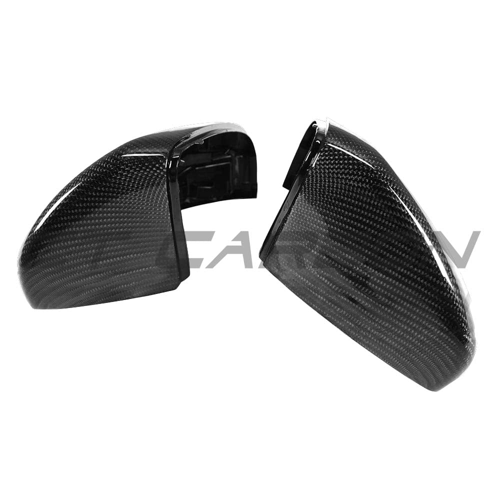Mercedes W205/W213 carbon fibre mirror replacements by CT Carbon, LHD only, showcasing sleek, lightweight mirror caps.