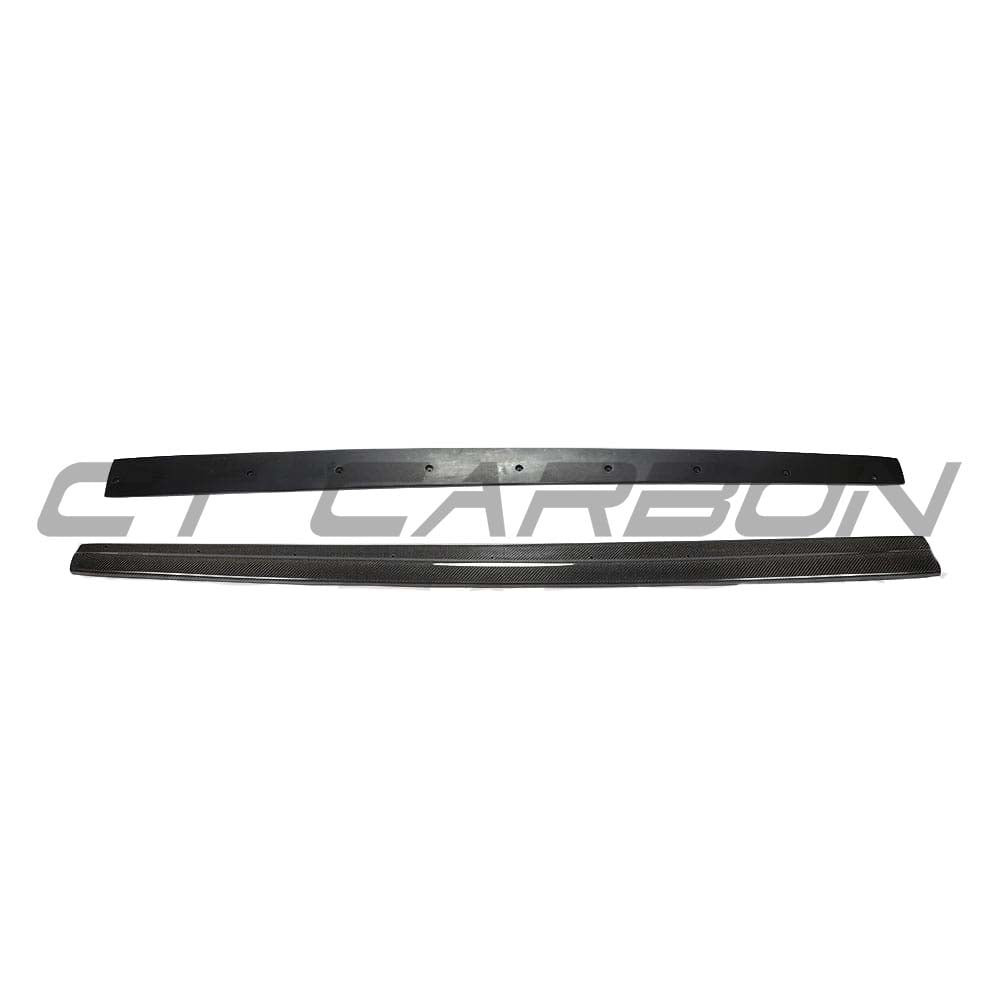 CT Carbon side skirts for Audi RS3 8V Saloon facelift in full carbon fibre, shown installed on the vehicle's sides.