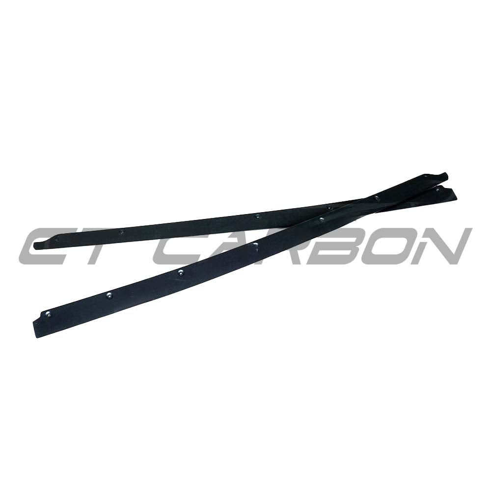 A set of CT Carbon Audi R8 V10 Gen 2 carbon fibre side skirts installed on a sports car, showing their sleek, aerodynamic design.