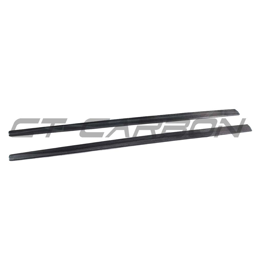 BMW F32 F33 4 Series carbon fibre side skirts by CT Carbon, showing sleek, textured side panels with MP style design.