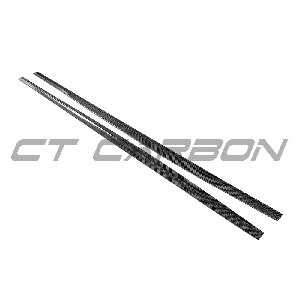 BMW G30 5 Series carbon fibre side skirts kit by CT Carbon, featuring MP style side skirts on a black car.