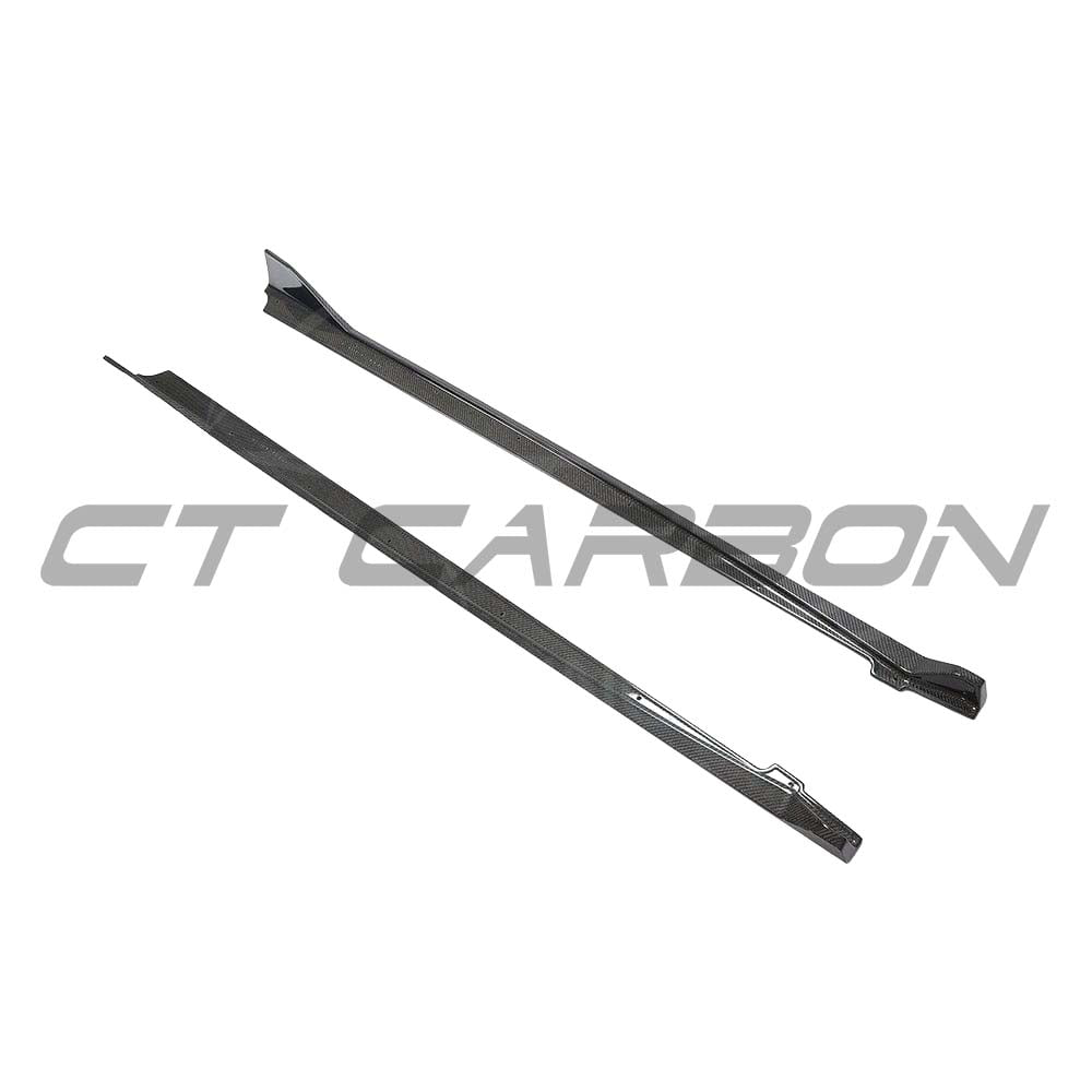 Toyota Supra 2019+ A90 CT Carbon full carbon fiber side skirts kit installed on the car, showcasing sleek, lightweight aerodynamic design.