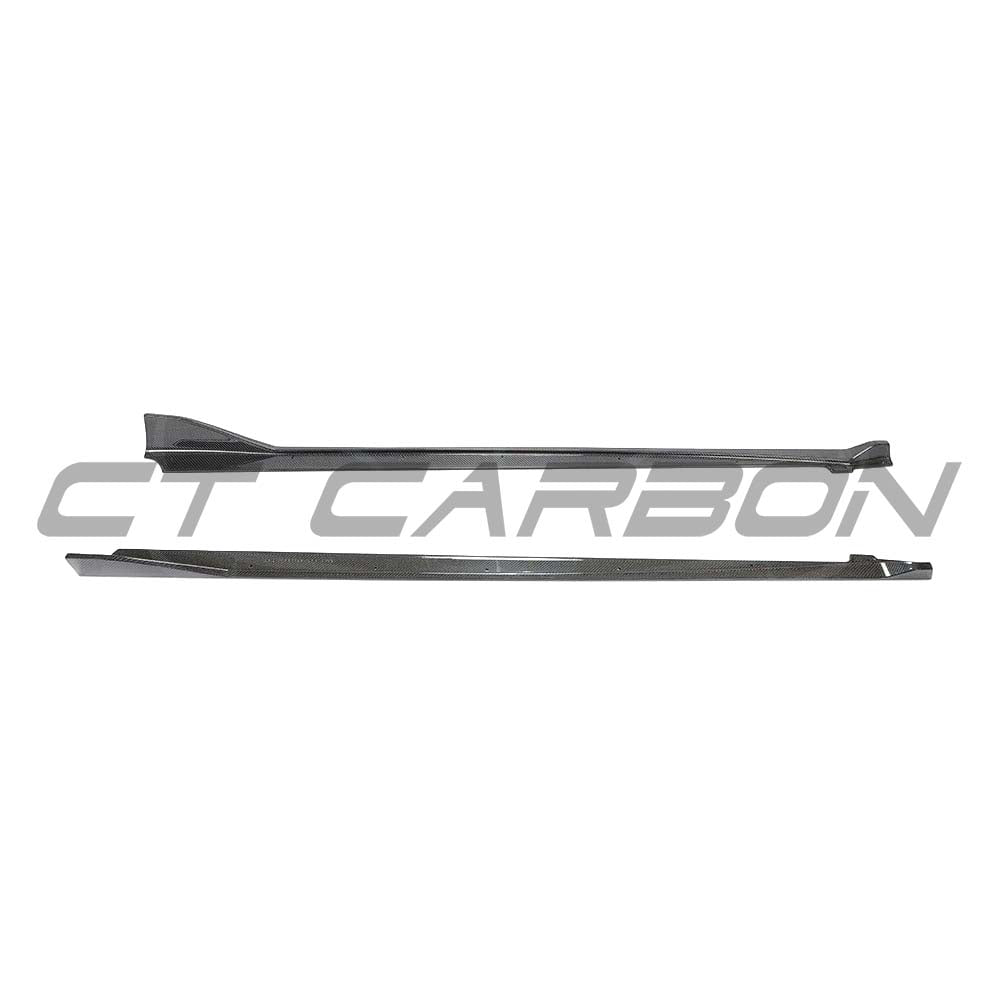 Toyota Supra 2019+ A90 CT Carbon full carbon fiber side skirts installed on the car, showcasing sleek, lightweight racing-inspired design.