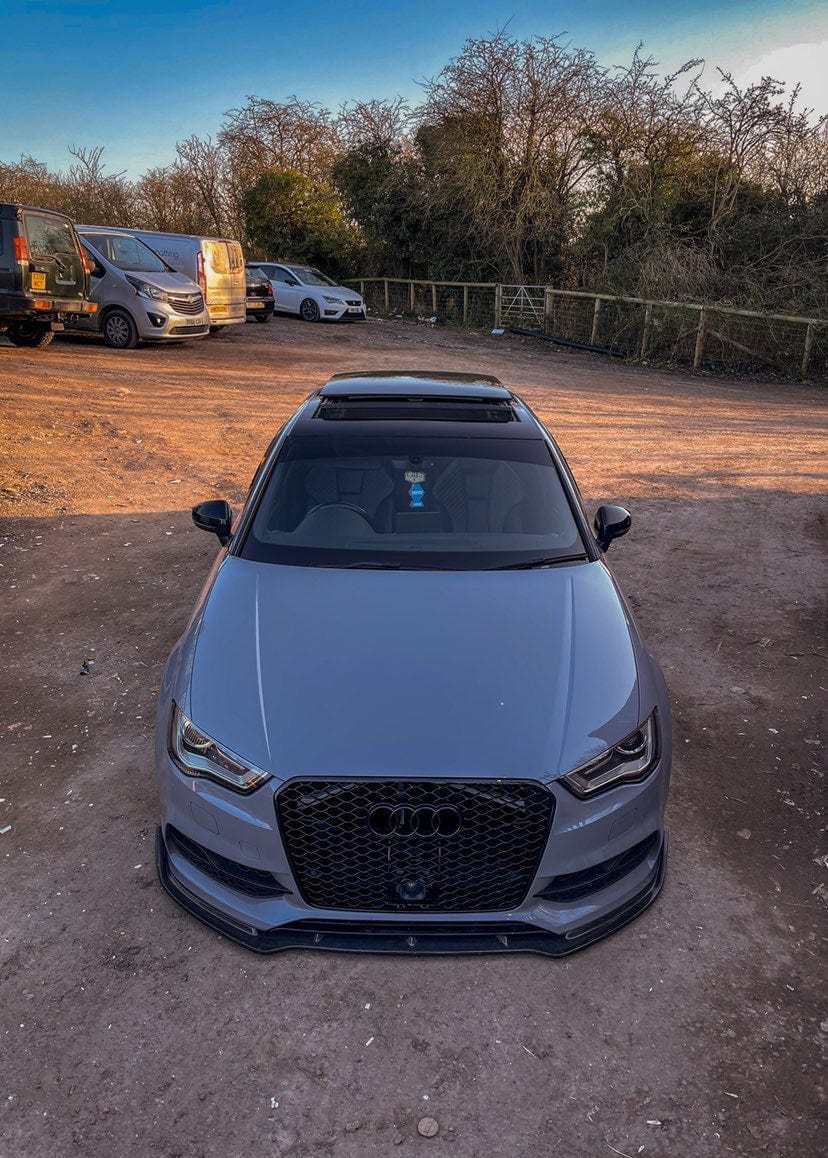 CT Carbon splitters for Audi A3 S-Line and S3 facelift 8V saloon, featuring sleek carbon fibre design and aerodynamic enhancement