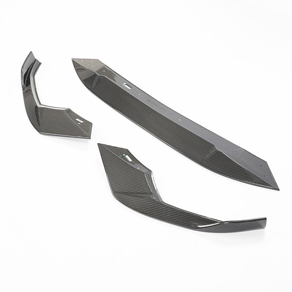 Carbon fibre splitter for Audi A3 S-Line and S3 8Y 2020+ by CT Carbon, shown installed on the front of the vehicle.