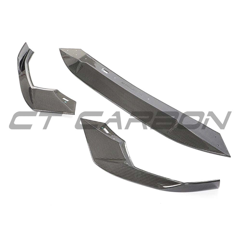 CT Carbon full carbon fibre kit for Audi A3/S3 8Y saloon, includes front splitter and side skirts, sleek carbon fiber design.
