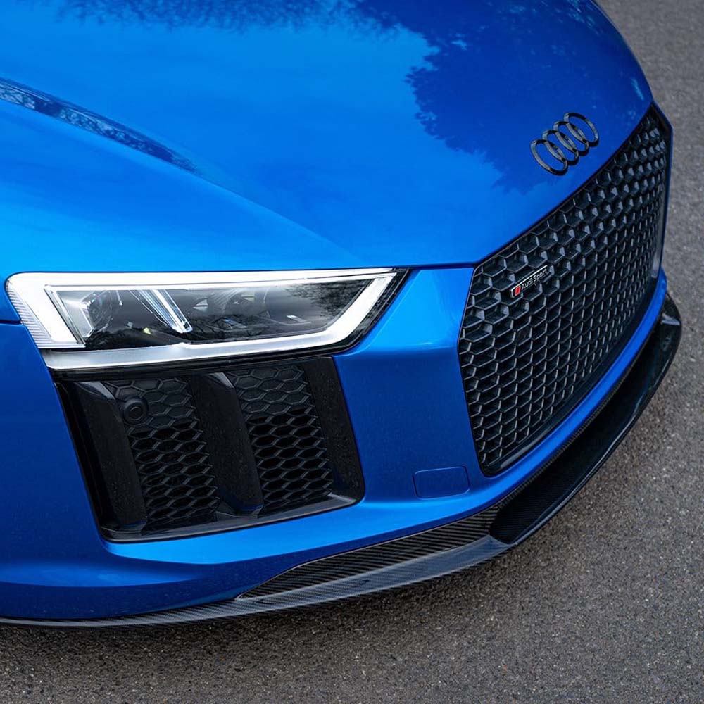 Carbon fibre V-style splitter for Audi R8 V10 Gen 2 by CT Carbon, mounted on the front of the sports car.