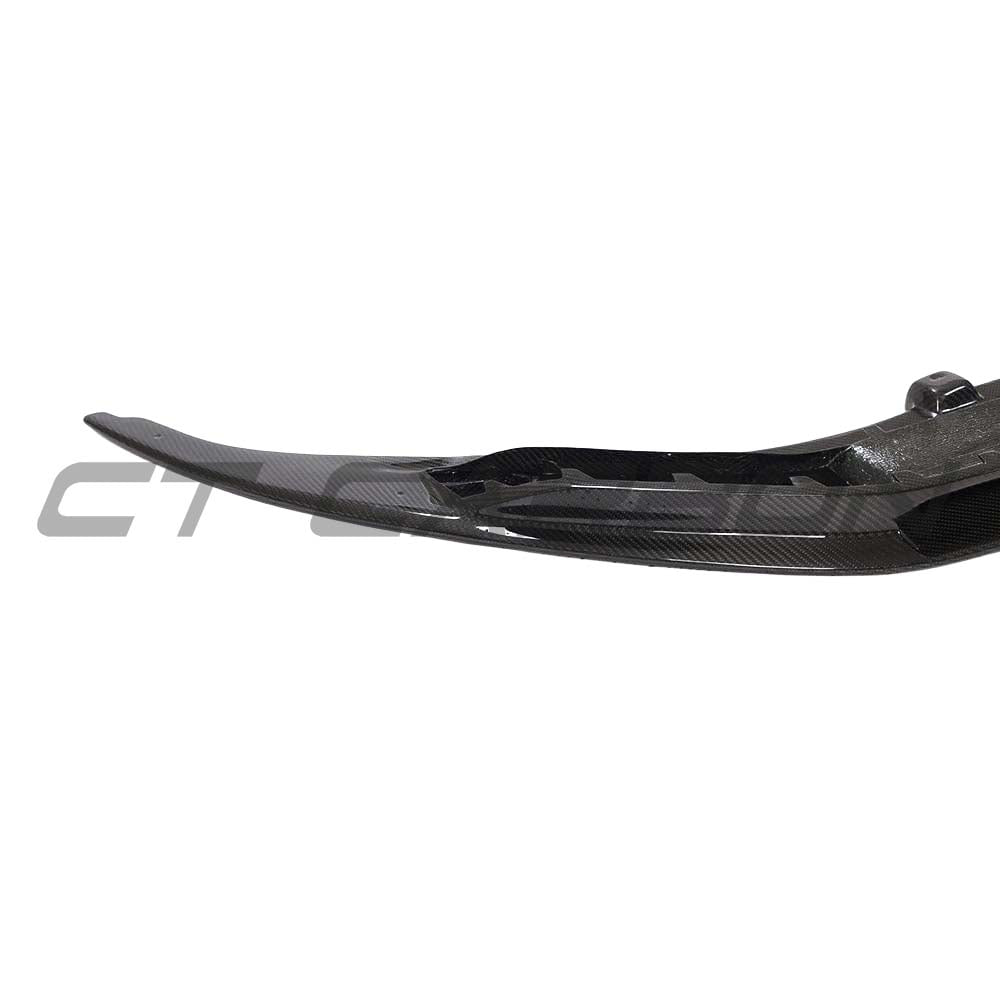 Carbon fiber V-style splitter for Audi R8 V10 Gen 2 by CT Carbon, shown installed on the front of the sports car.