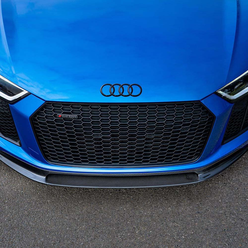 CT Carbon Audi R8 V10 Gen 2 carbon fiber V-style splitter showing sleek aerodynamic design and high-quality material.