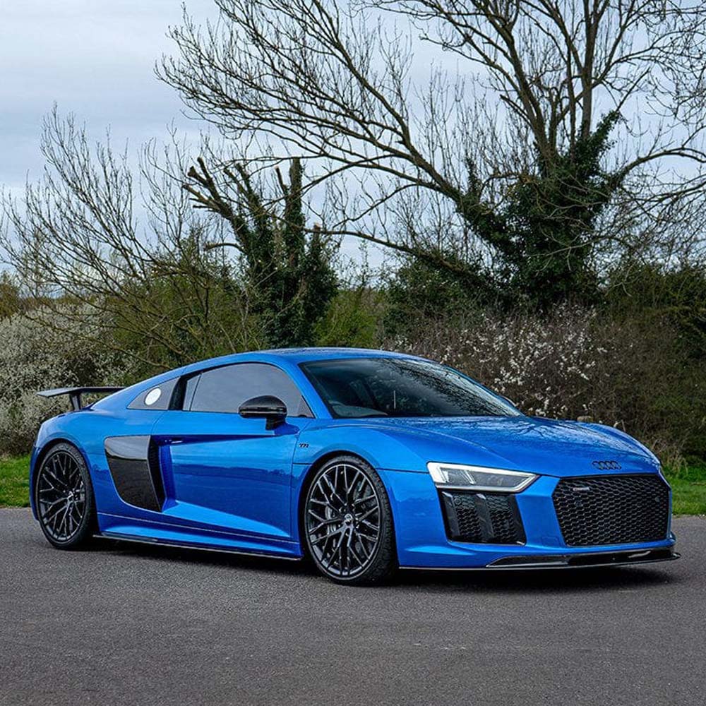 Carbon fibre V-style splitter for Audi R8 V10 Gen 2 by CT Carbon, showcasing its sleek aerodynamic design and high-quality material.