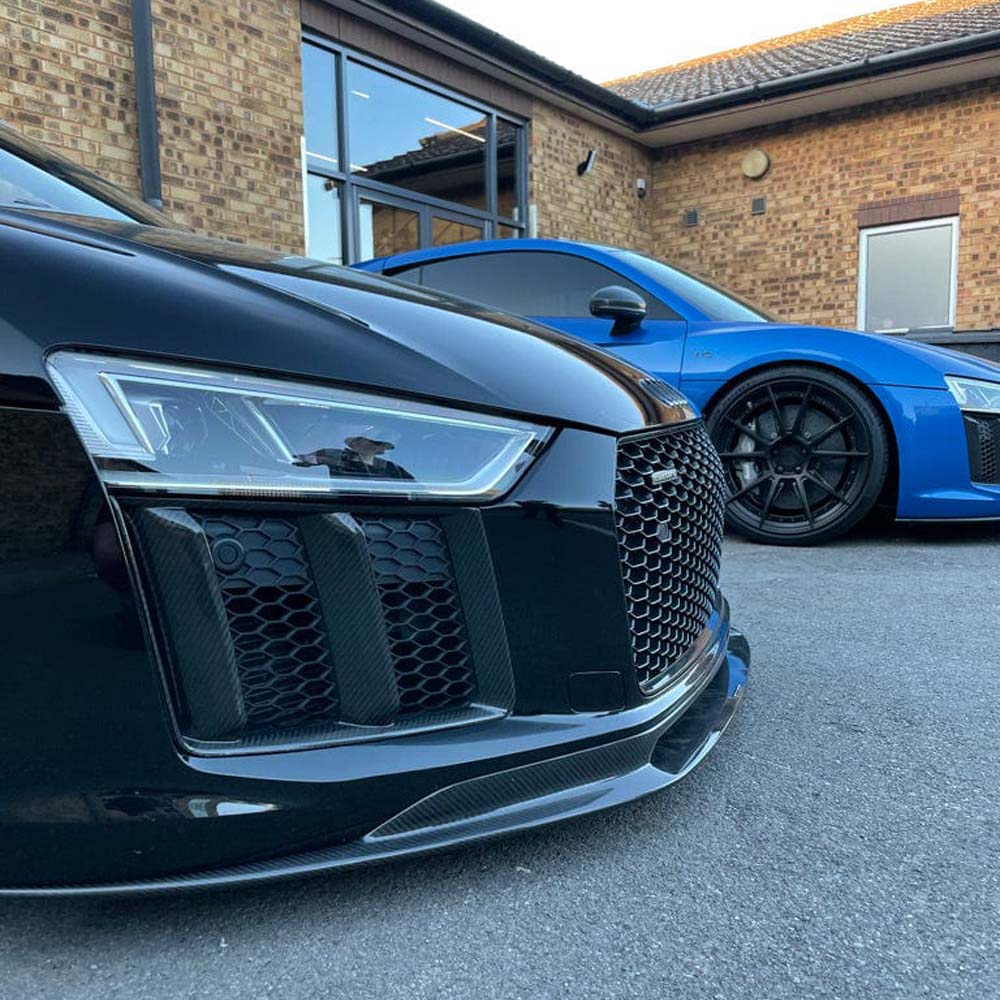 CT Carbon Audi R8 V10 Gen 2 carbon fibre V-style splitter, aerodynamic front splitter for enhanced performance and style.