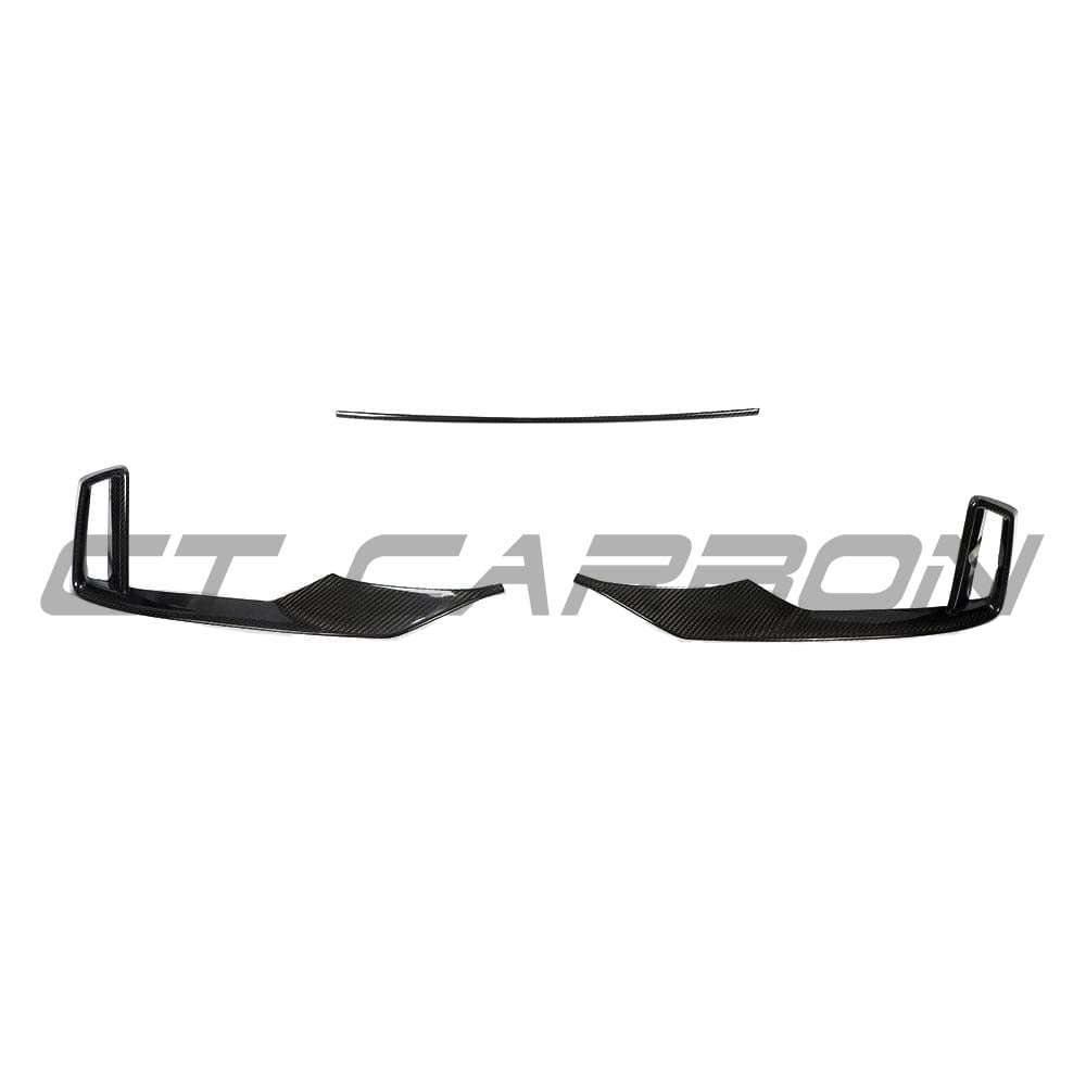 Carbon fibre bumper trim accessory for Audi RS3 8V facelift, by CT Carbon, showcasing sleek, textured car exterior detail.