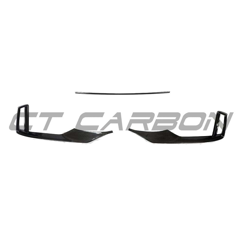 CT Carbon Audi RS3 8V facelift full carbon fibre kit including splitter, bumper trim, and V-style accents on the car's front.