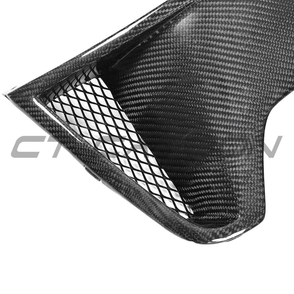 BMW F32 4 Series Coupe with CT Carbon full carbon fibre kit, featuring splitter, side skirts, and twin exhaust in detailed view