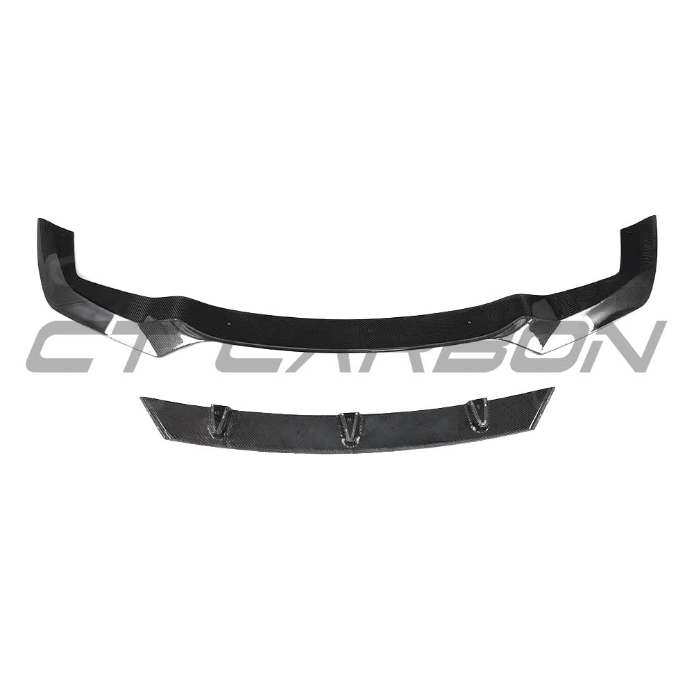 BMW M2 F87 N55 CT Carbon V3 carbon fiber splitter installed on front bumper, showcasing lightweight, aerodynamic design.