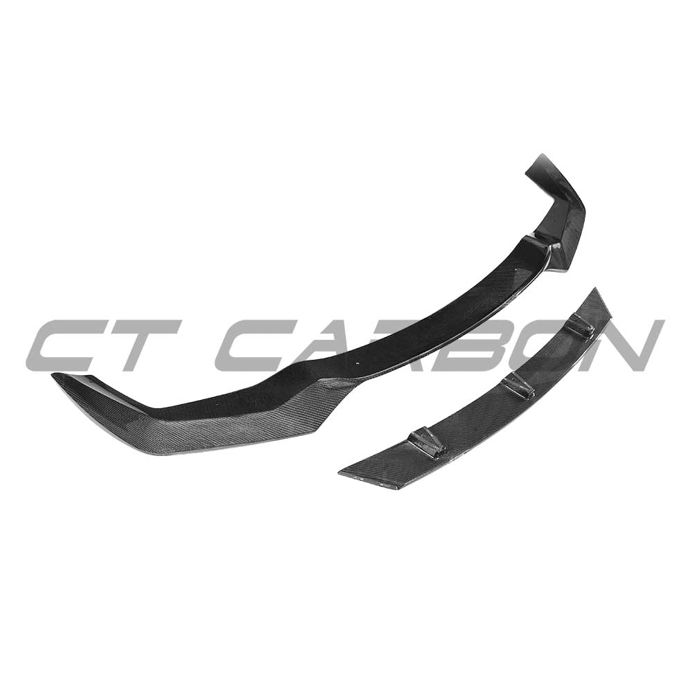 BMW M2 F87 N55 CT Carbon V3 carbon fibre splitter installed on front bumper, showcasing lightweight, aerodynamic design.