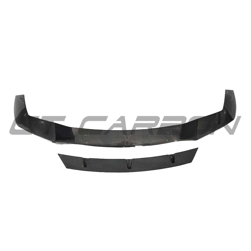 BMW M2 F87 N55 CT Carbon V3 carbon fiber splitter, front view showing sleek V-style design and textured carbon fiber surface.