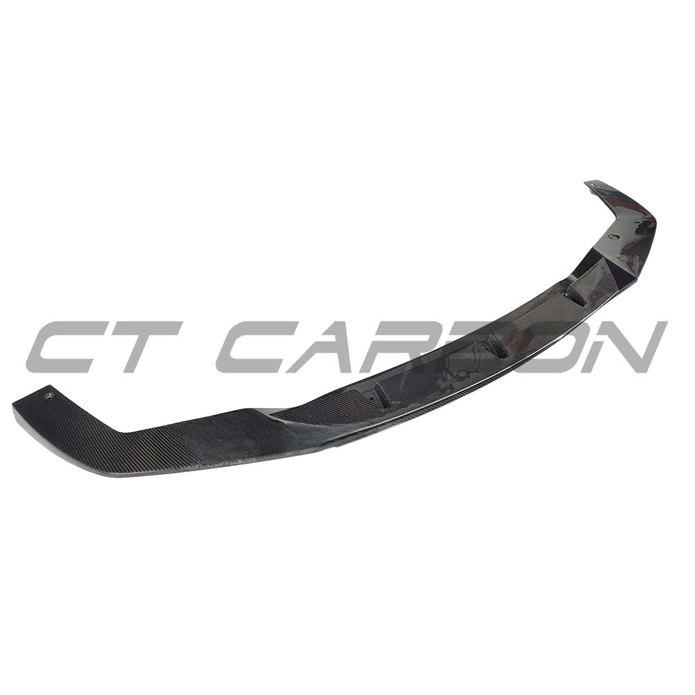 BMW M2 F87 N55 CT Carbon V3 carbon fibre splitter, V-style, mounted on front bumper, showcasing lightweight, aerodynamic design.