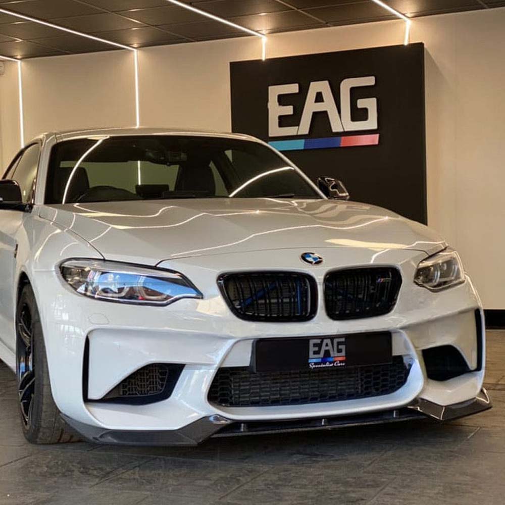 BMW M2 F87 N55 CT Carbon V3 carbon fibre splitter, V-style, with aerodynamic design for enhanced performance and style.