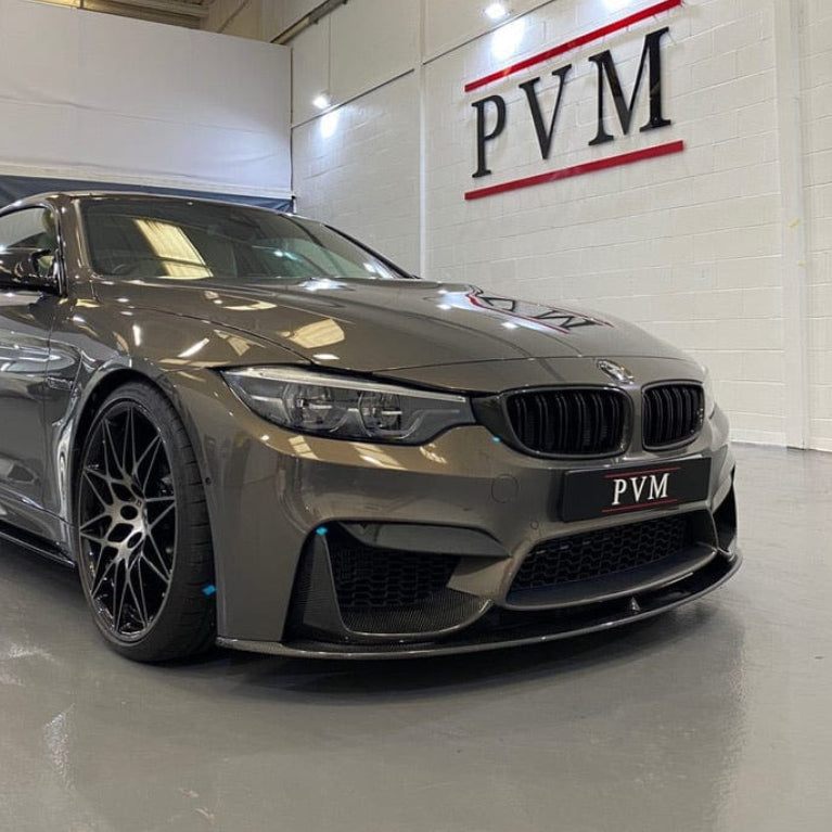 Full car carbon fibre kit for BMW M3 F80 by CT Carbon, featuring splitters and aerodynamic components on a sleek saloon and coupe.