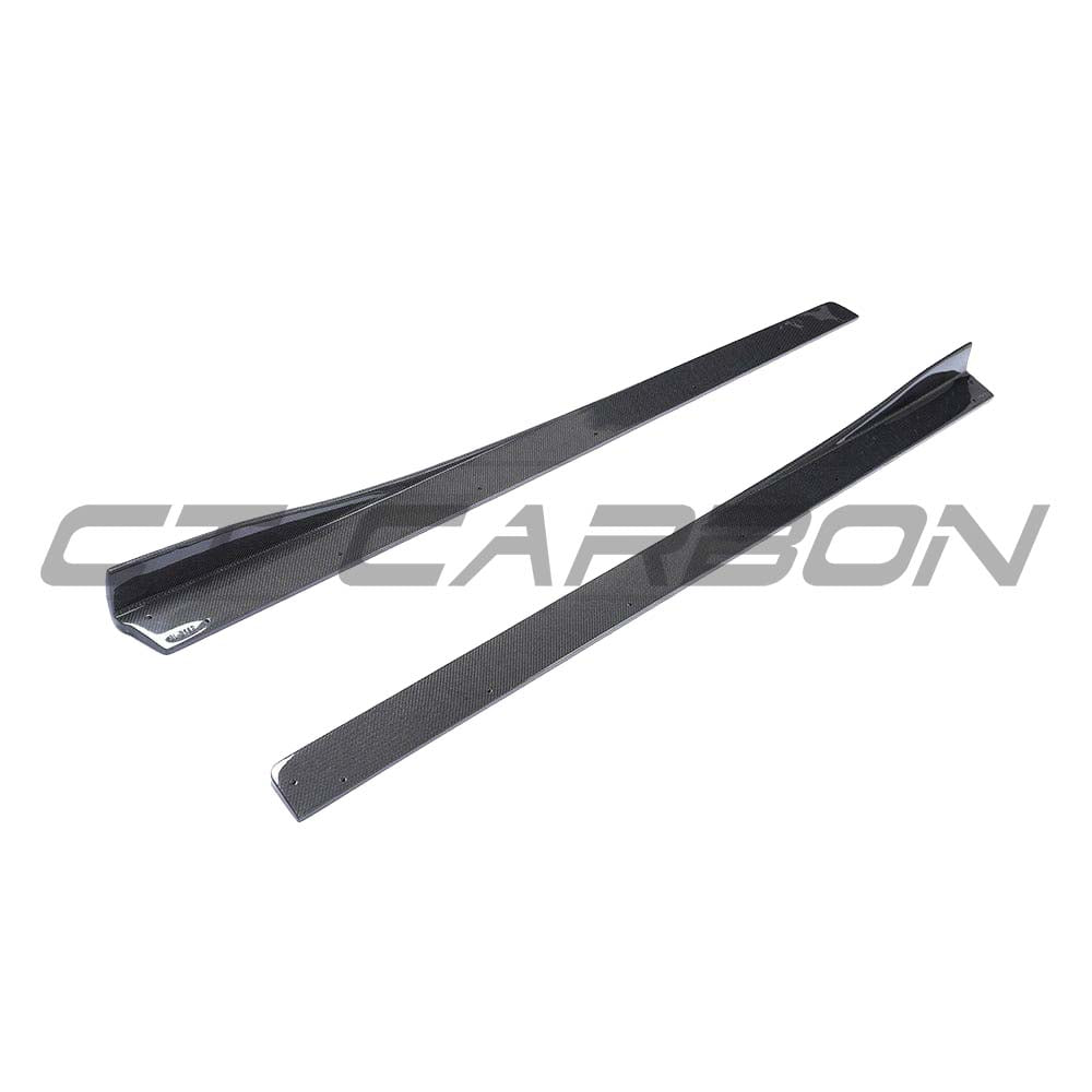 BMW M3 M4 F80 F82 F83 carbon fiber side skirts by CT Carbon, showing sleek 3D-style aerodynamic design.