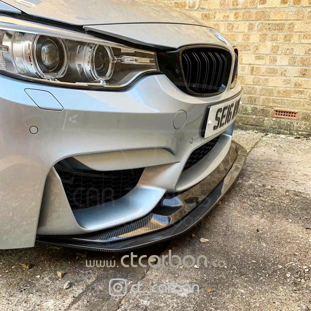 BMW M3 M4 F80 F82 F83 carbon fibre splitter by CT Carbon, GTS style, two-piece design, enhancing sporty look and aerodynamics.