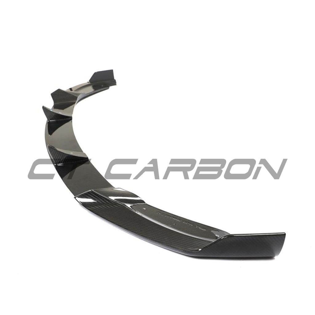 Tesla Model Y MK1 2020-2025 carbon fiber splitter by CT Carbon, showing the sleek, aerodynamic front splitter on the vehicle.