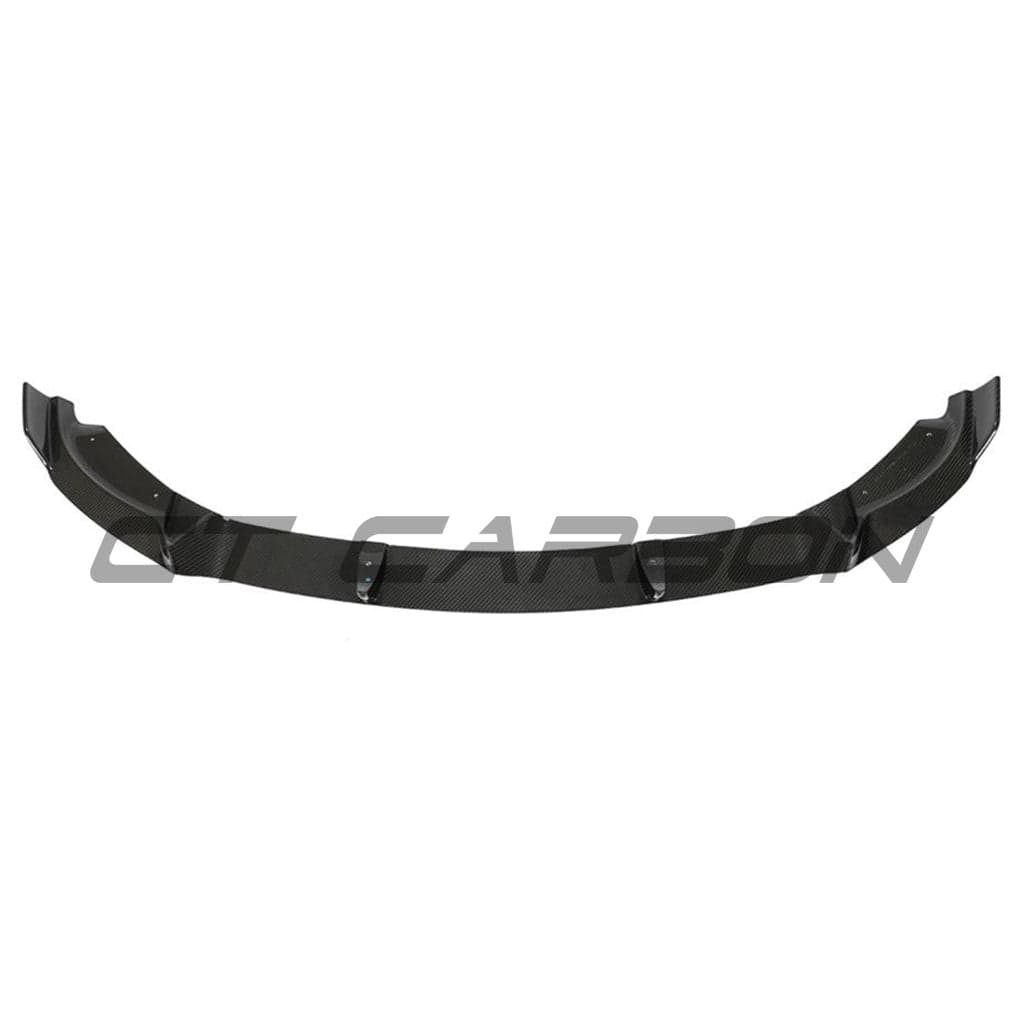 Tesla Model Y MK1 2020-2025 CT Carbon carbon fibre splitter installed on front bumper, showcasing sleek aerodynamic design.