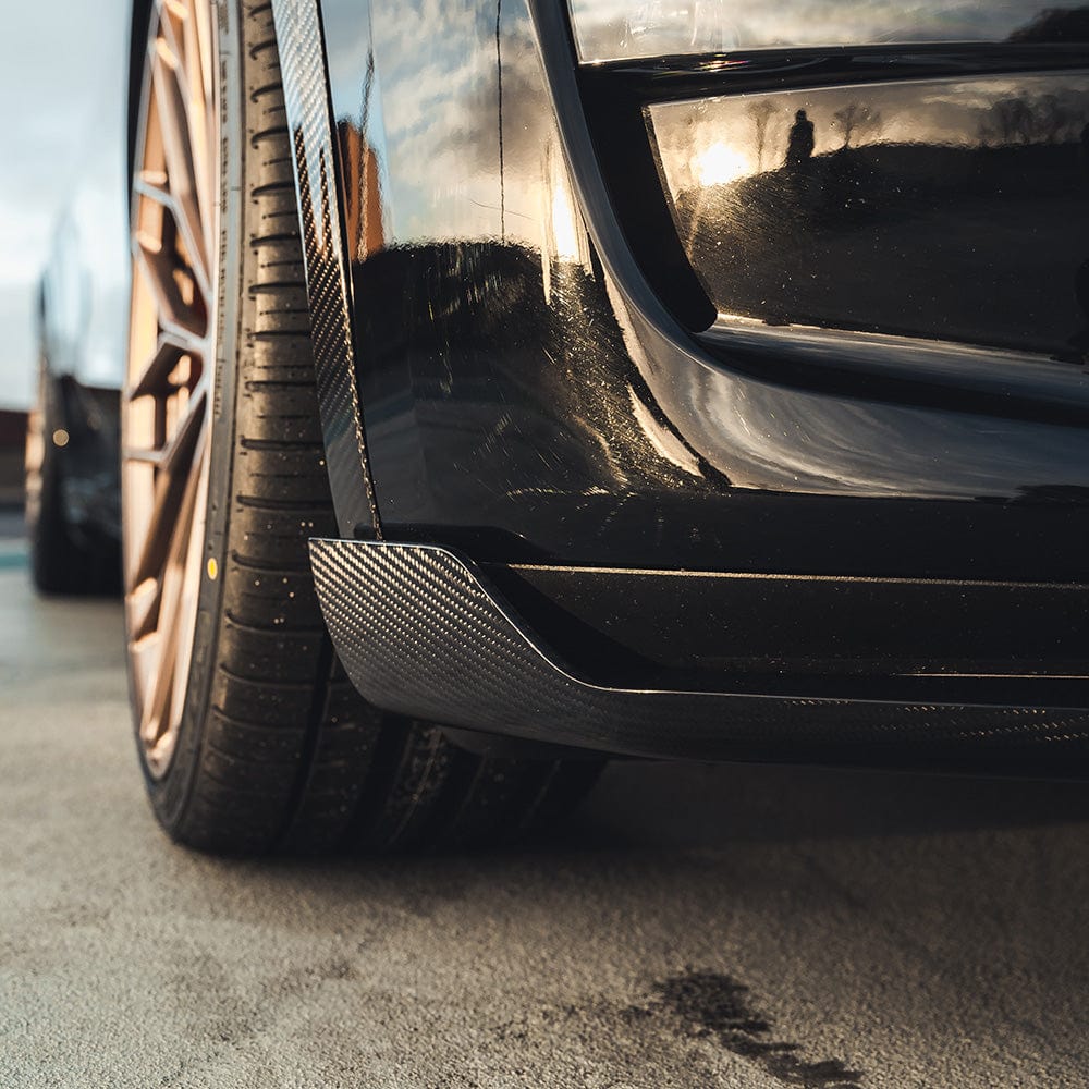 Tesla Model Y MK1 2020-2025 CT Carbon fiber splitter, front aerodynamic car accessory, with detailed carbon fiber weave.