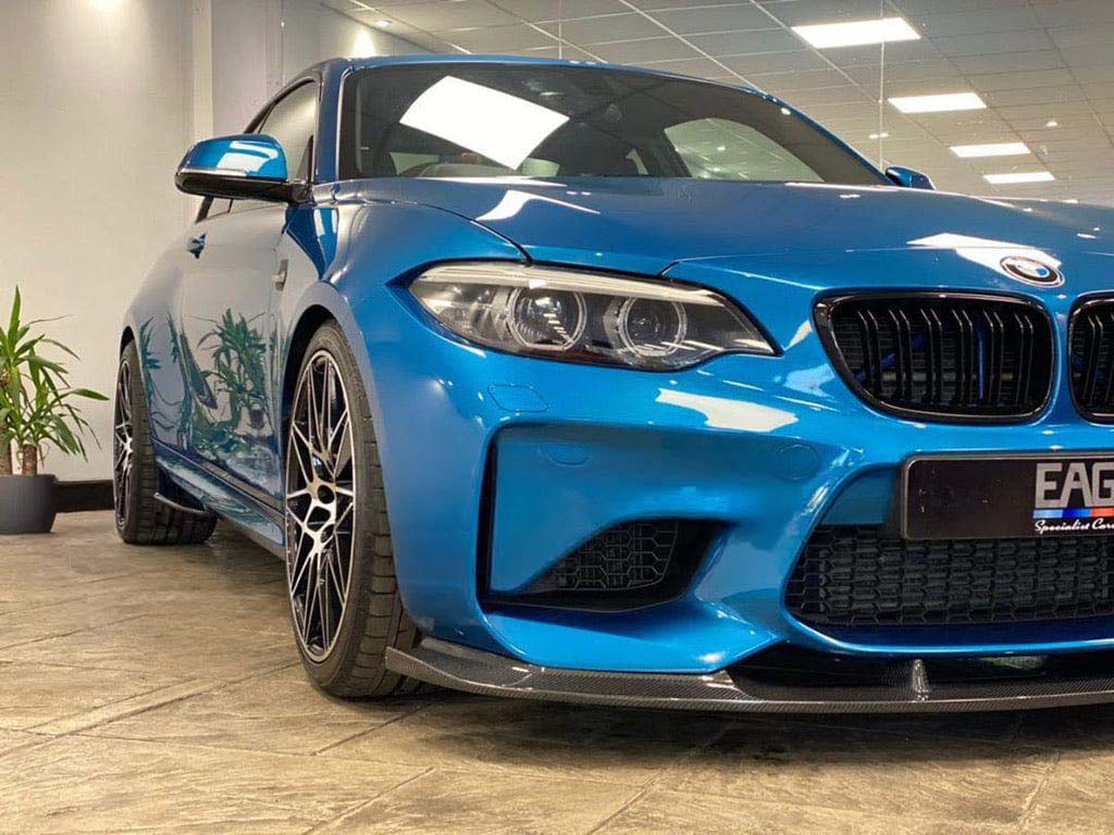 BMW M2 F87 N55 2015-2017 carbon fibre splitter by CT Carbon, showing 3D style design on the front bumper.