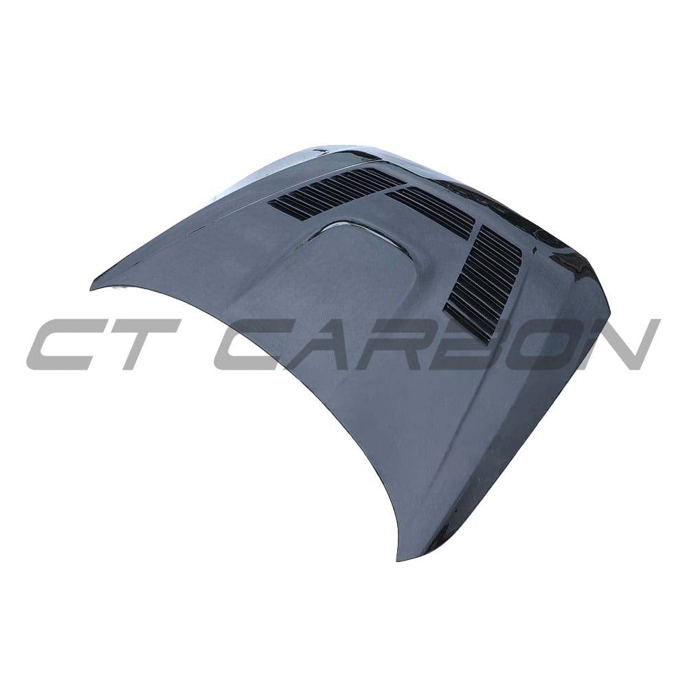 BMW M2 F87, M2C, F20, F22 carbon fiber bonnet by CT Carbon, showing the lightweight, aerodynamic car hood with carbon fiber finish.