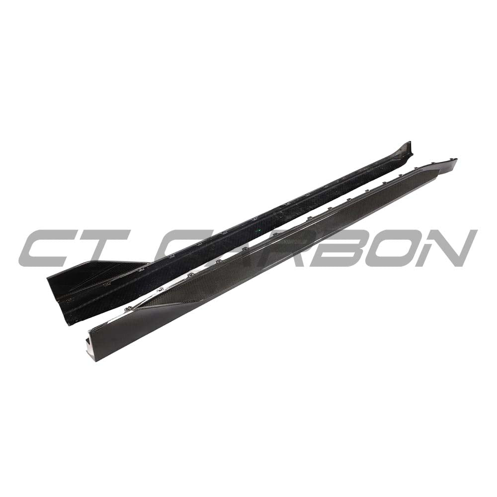 BMW G80 M3 full carbon fibre kit by CT Carbon, showing side skirts with MP style design on a sleek vehicle.