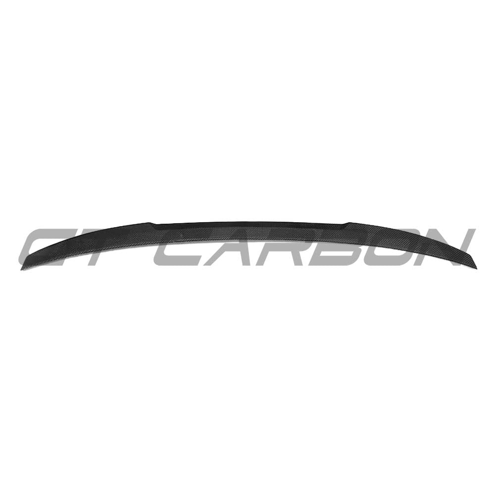 BMW M5 F90 and G30 5 Series carbon fibre spoiler by CT Carbon, M4-style, shown on vehicle with detailed close-up view.