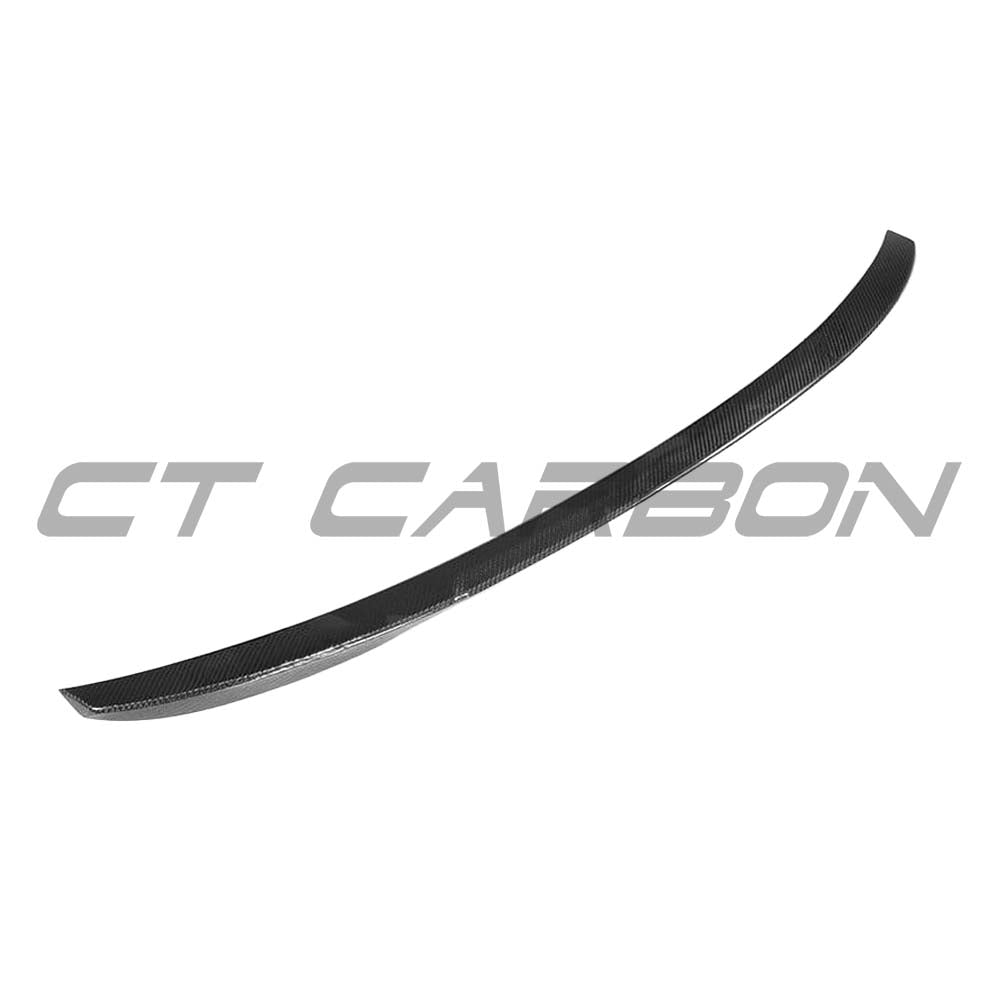 BMW M5 F90 and G30 5 Series carbon fibre spoiler by CT Carbon, M4 style, mounted on vehicle with close-up view of spoiler surface.